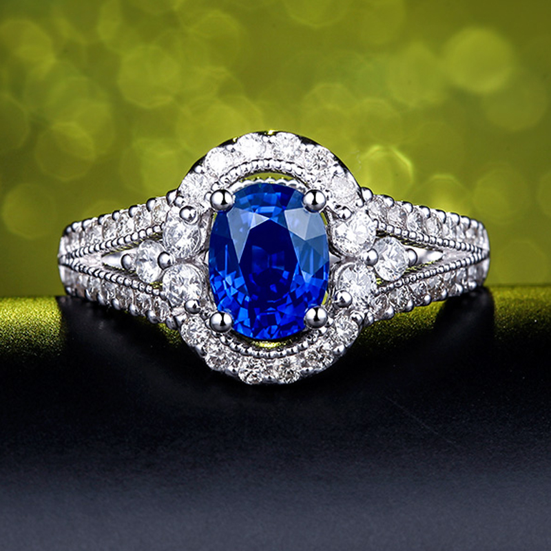 缘彩珠宝1.4克拉蓝宝石戒指女18k金镶钻彩色宝石戒指 定制