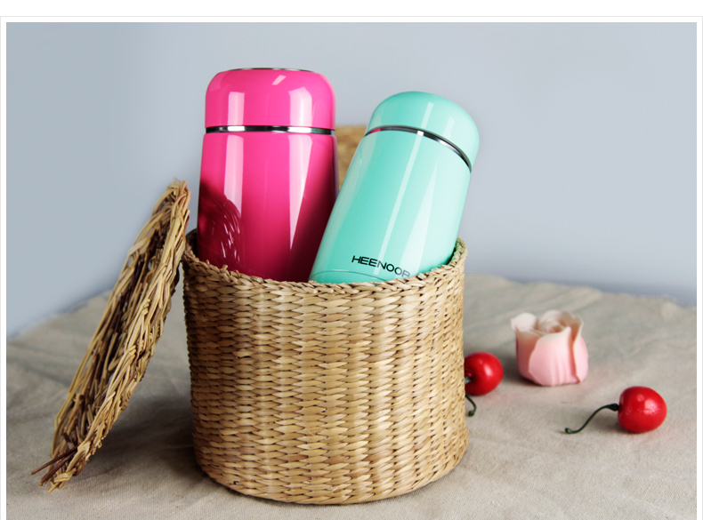 希诺不锈钢保温杯女士可爱真空杯子糖果色时尚创意便携学生水杯粉红色