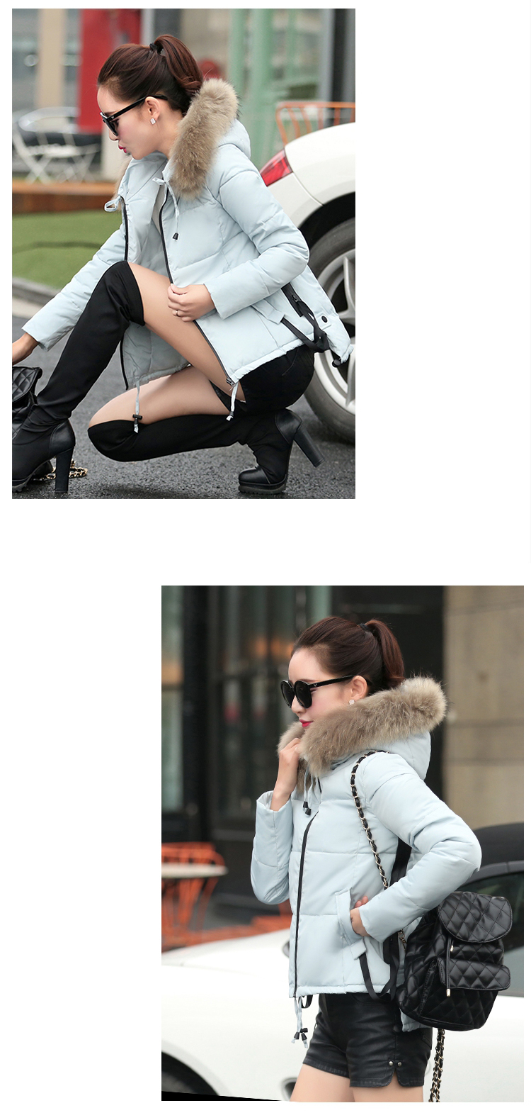 古宾娜 2015冬装新款貉子毛帽宽松棉衣棉袄短外套女830 黑色  L码
