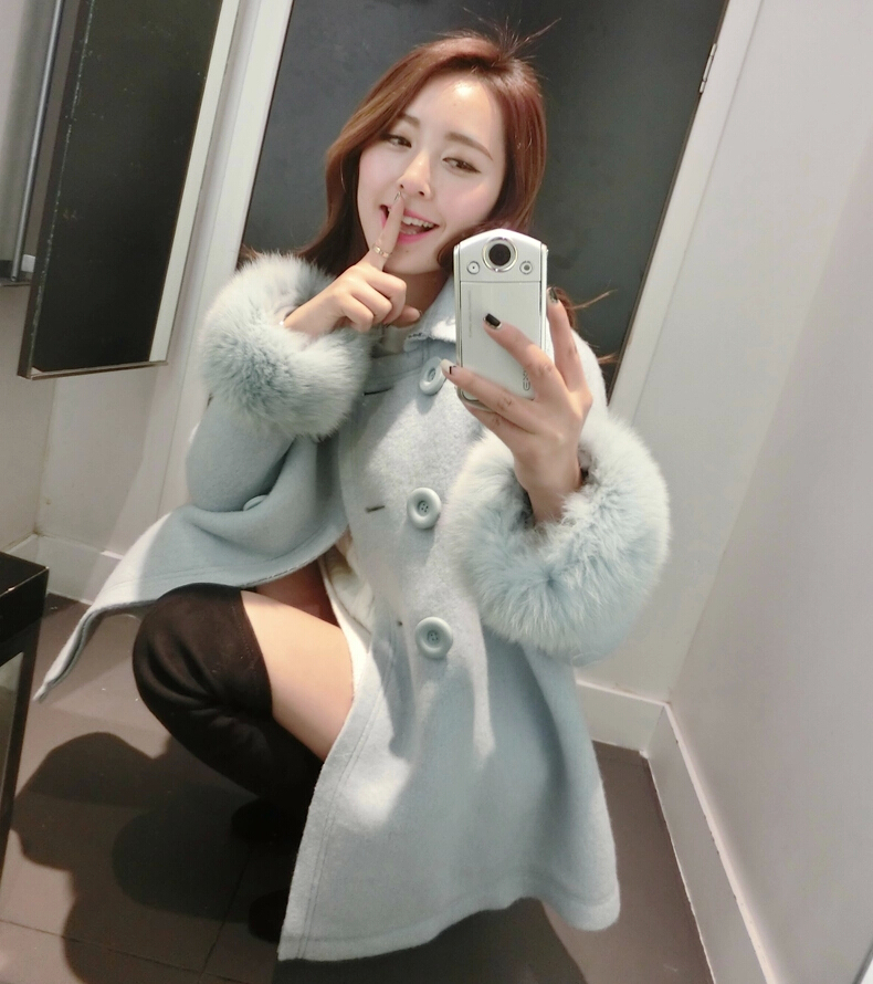 毛呢外套大衣女2015秋装新款大码女装韩版中长翻领羊毛妮子外套女潮 蓝色 M