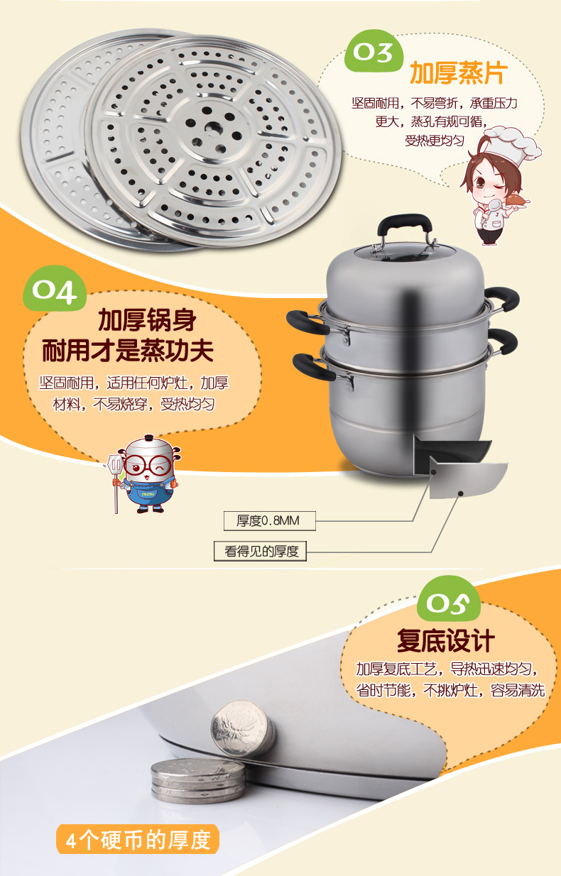 美家厨帮 30CM不锈钢加厚三层蒸锅复底 电磁炉煤气炉3层家用蒸锅 蒸馒头蒸锅鱼