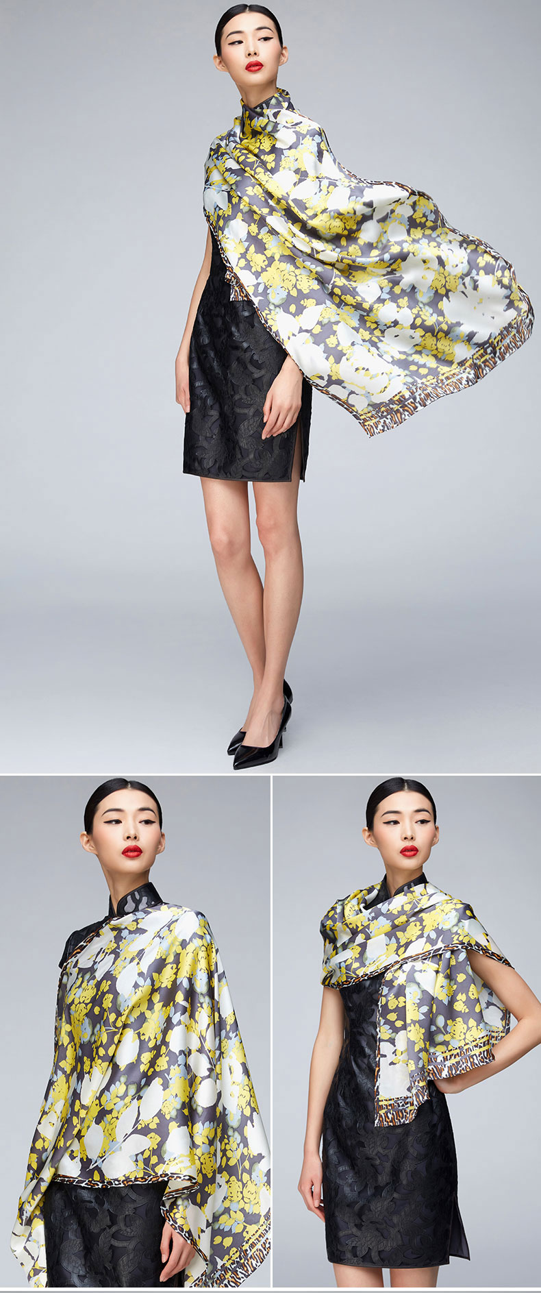 瑞蚨祥真丝印花丝巾桑蚕丝百搭长巾时尚围巾披肩 黑色