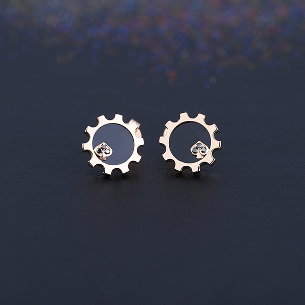 alice/爱丽丝 18k玫瑰金黑玛瑙耳饰 新品女款 黑桃齿轮彩宝耳环耳钉