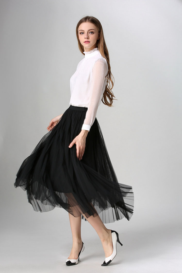 亚妮梦奴2016春夏新款时尚百搭大牌网纱百褶裙大摆裙半身裙长裙 黑色