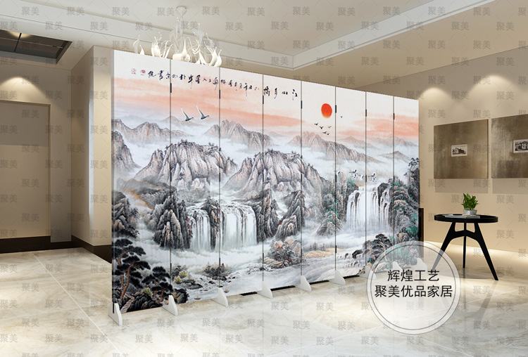 防水防透免安装中式双面艺术布艺屏风隔断风水墙折屏家居遮挡墙文化墙背景墙酒店屏风隔断古典现代 底座 一扇价格
