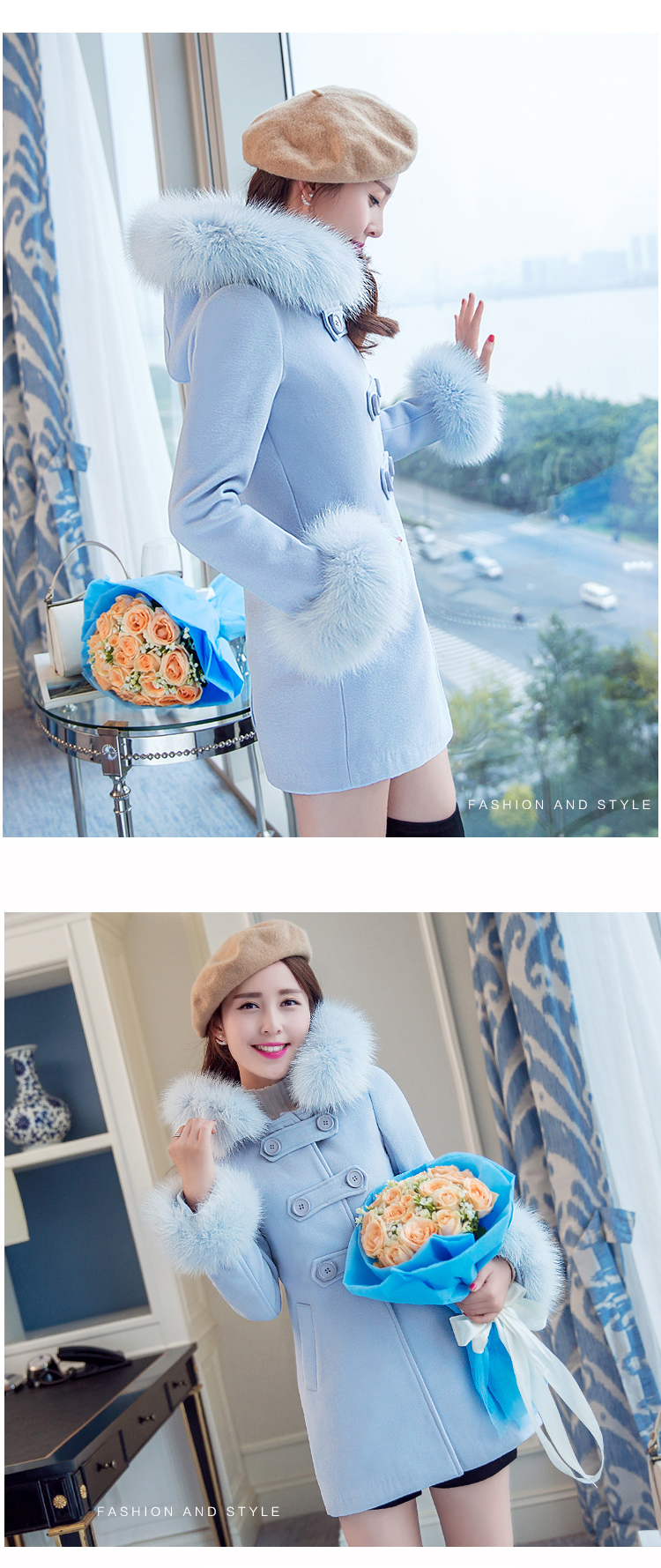 馨香雪2015秋冬新品修身显瘦连帽毛呢大衣女中长款韩版呢子大衣女加厚外套 蓝色 M