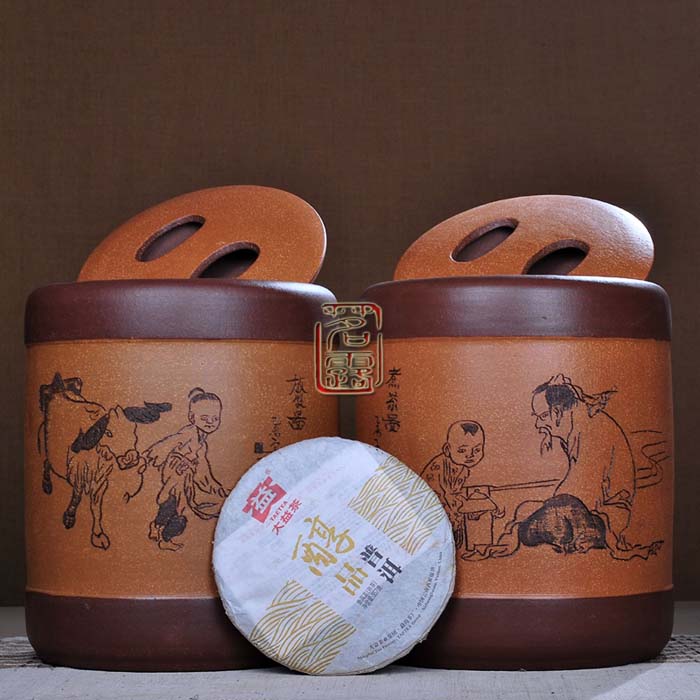 
                                        茗露 宜兴紫砂茶叶罐 茶具 大号手工醒茶罐 普洱罐茶缸11饼罐 茶仓 茶盒 茶叶桶 牧放图 童趣 黄罐                