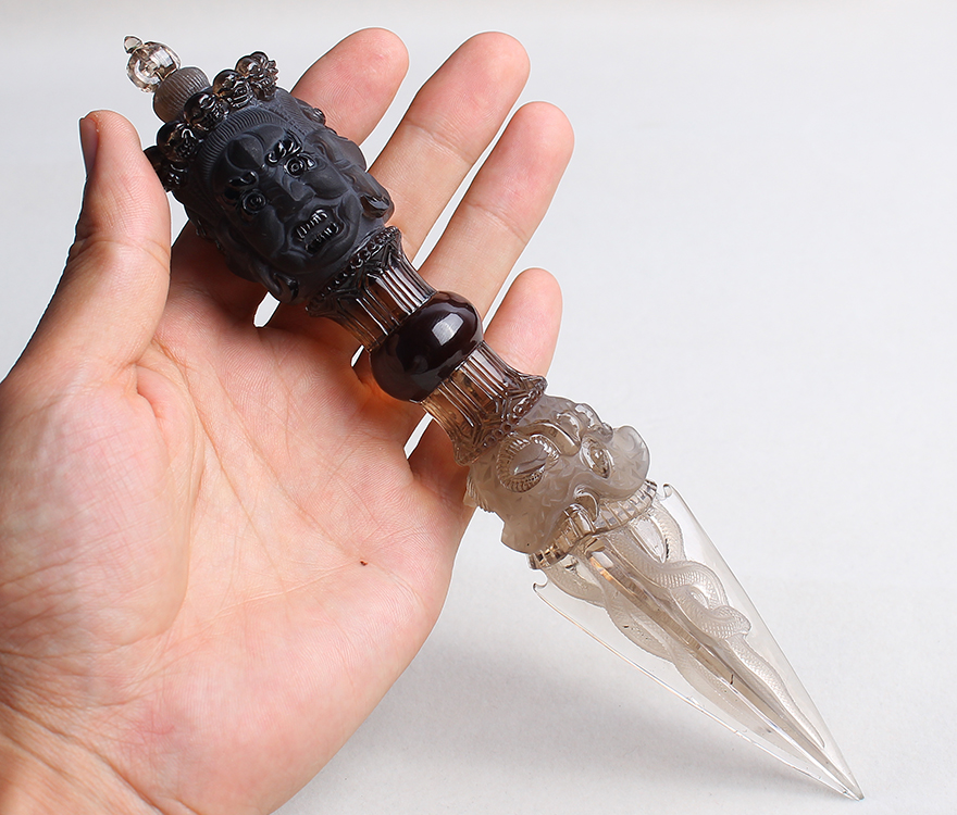 天然茶水晶精工雕刻精品摆件 手把件 金刚杵 佰卓珠宝