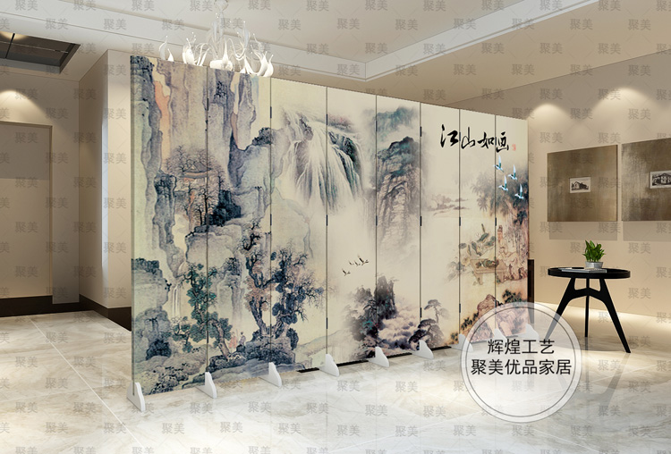 防水防透免安装中式双面艺术布艺屏风隔断风水墙折屏家居遮挡墙文化墙背景墙酒店屏风隔断古典现代 底座 一扇价格