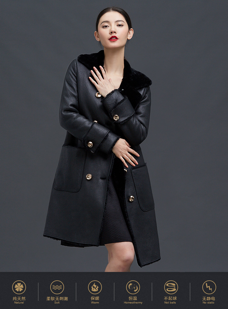 咔琦娜 海宁皮毛一体大衣女 中长款绵羊皮真皮皮衣外套 修身新款冬季