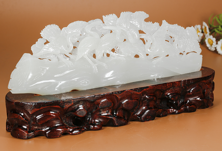 和田玉羊脂白玉松鹤延年摆件490克【帝玖珠宝玉器】