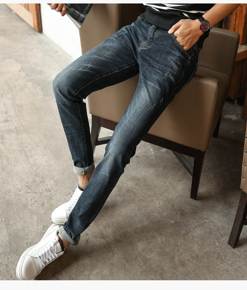 蓝人主流 牛仔裤男2016春季新款韩版弹力修身小脚裤男时尚牛仔裤卷边