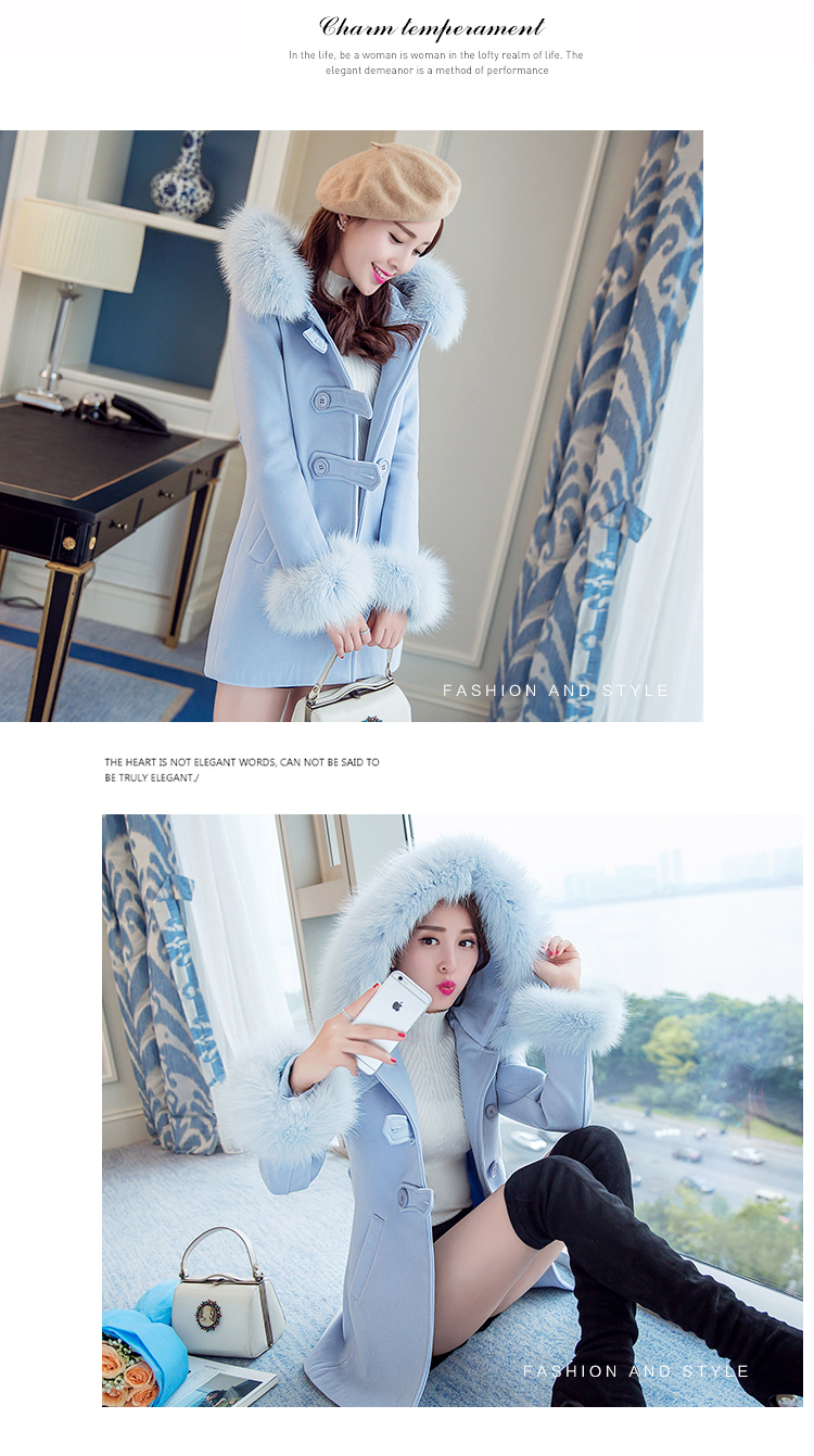 馨香雪2015秋冬新品修身显瘦连帽毛呢大衣女中长款韩版呢子大衣女加厚外套 蓝色 M