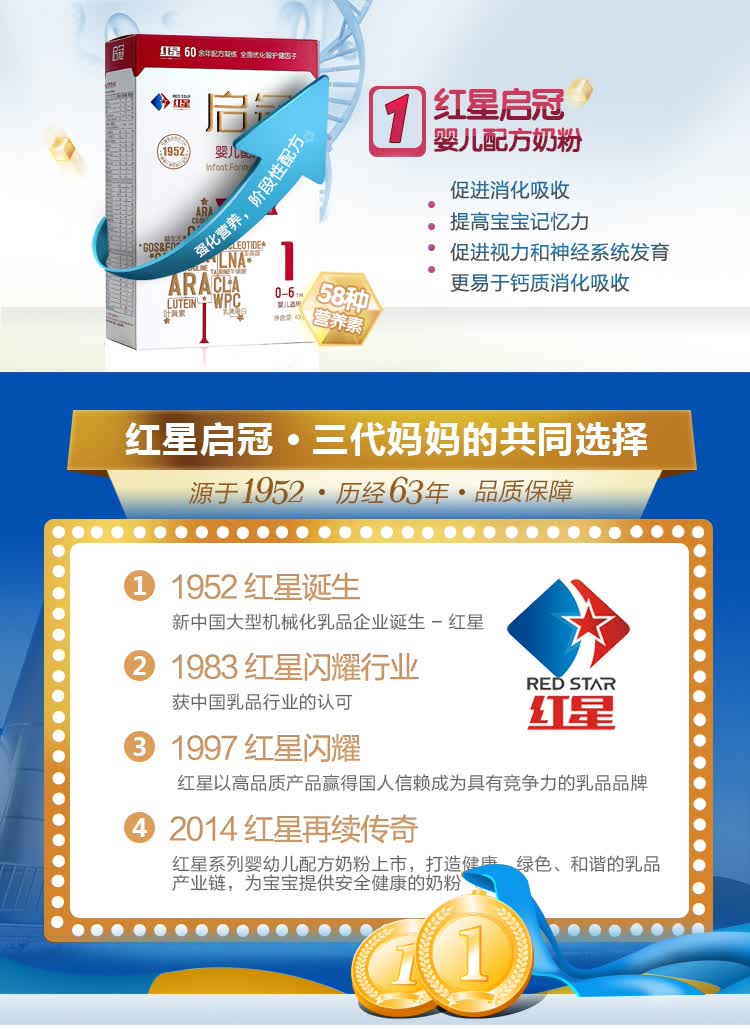 红星启冠 1段婴儿奶粉 0-6个月 一段婴儿配方牛奶粉 盒装400g 400g