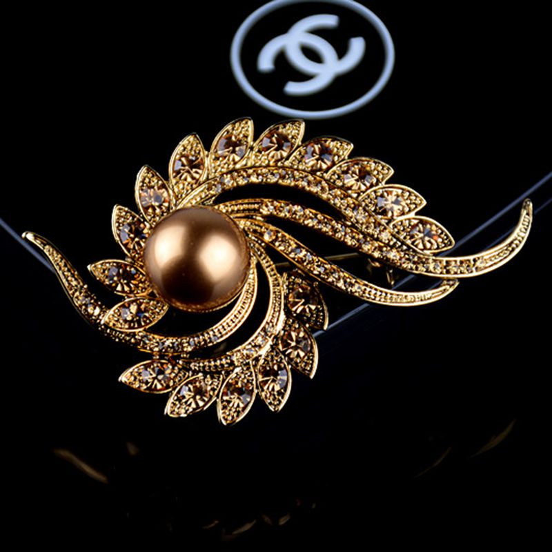翠声翠色 水晶仿珍珠胸针 土豪金色胸花韩版 别针