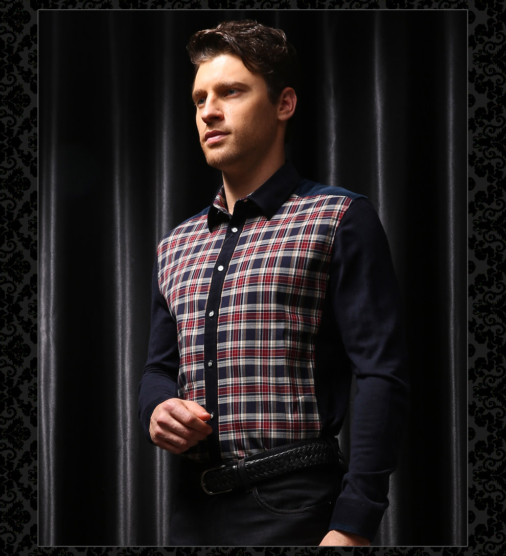 杰凡尼jevoni 男士格子衬衣 立领拼接时尚商务休闲衫 枣红/酒红 46