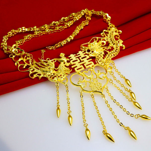 千影珠宝结婚饰品迎亲首饰金项链大喜牌喜字心形新娘龙凤纹仿金重大