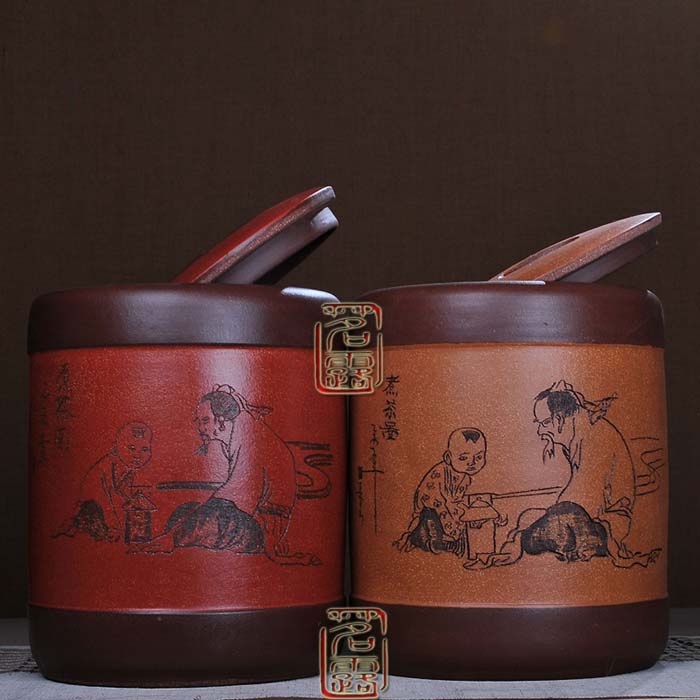 
                                        茗露 宜兴紫砂茶叶罐 茶具 大号手工醒茶罐 普洱罐茶缸11饼罐 茶仓 茶盒 茶叶桶 牧放图 童趣 黄罐                