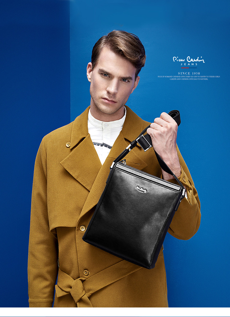 皮尔卡丹男式单肩皮包 欧美时尚牛皮斜挎包男 大容量拉链男单肩包