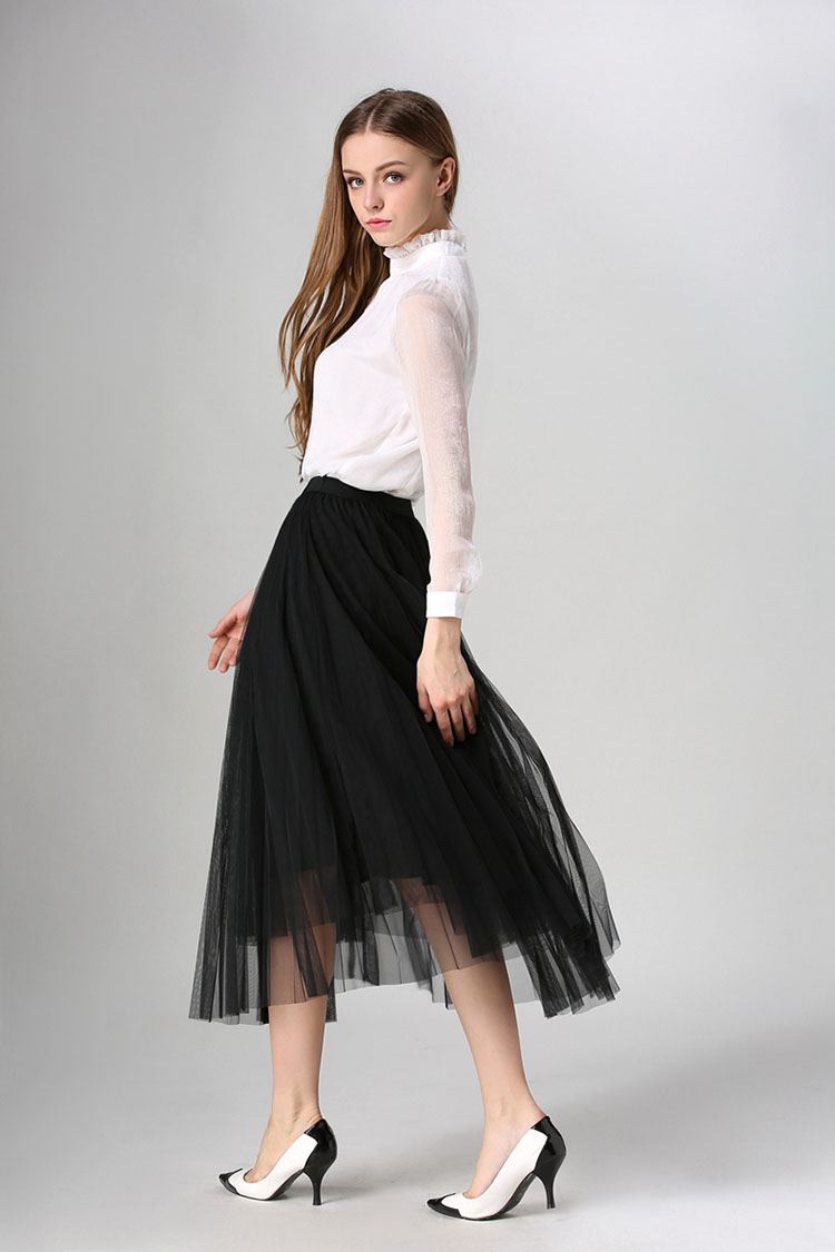 亚妮梦奴2016春夏新款时尚百搭大牌网纱百褶裙大摆裙半身裙长裙 黑色