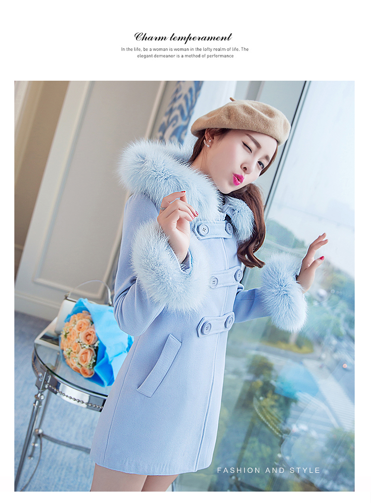 馨香雪2015秋冬新品修身显瘦连帽毛呢大衣女中长款韩版呢子大衣女加厚外套 蓝色 M