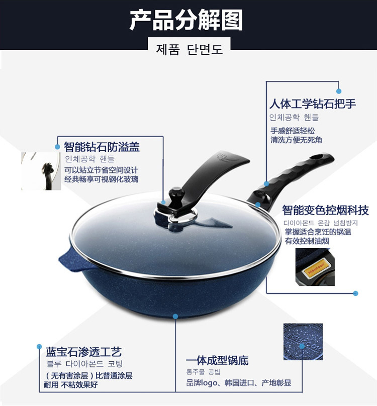 【韩国进口】highcook韩库蓝宝石系列无烟锅具炒锅不粘锅32cm 电磁炉适用