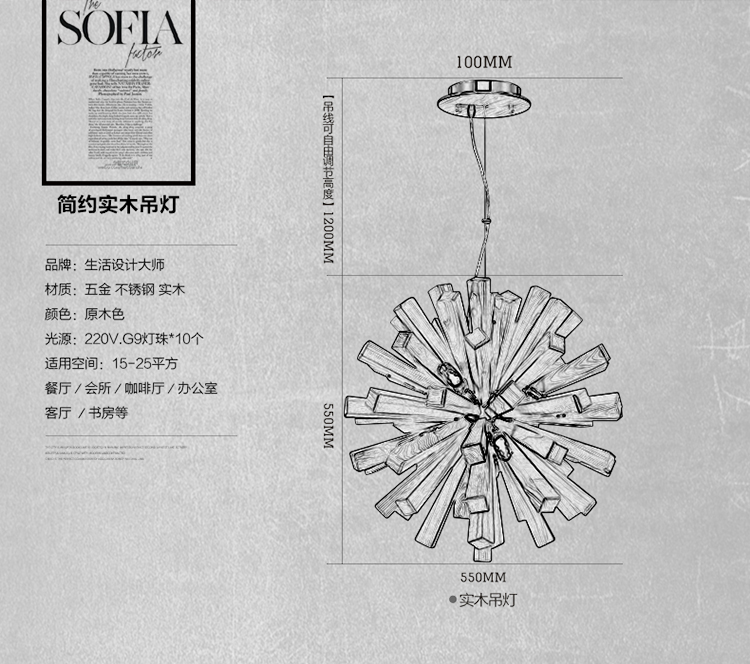 生活设计大师艺术创意灯具北欧个性餐厅客厅卧室简约实木吊灯雪绒花 直径55CM  LED  板栗色