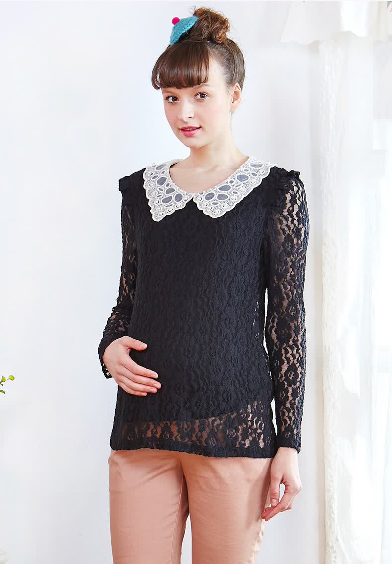 38周孕妇珍珠翻领长袖t恤2015秋装 韩版可爱时尚蕾丝打底上衣 米白 m