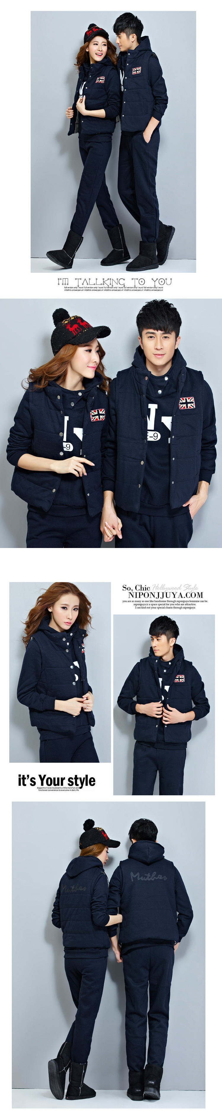 卓奈cholenite男女卫衣三件套加绒加厚运动服情侣装运动套装 男士藏蓝 XL