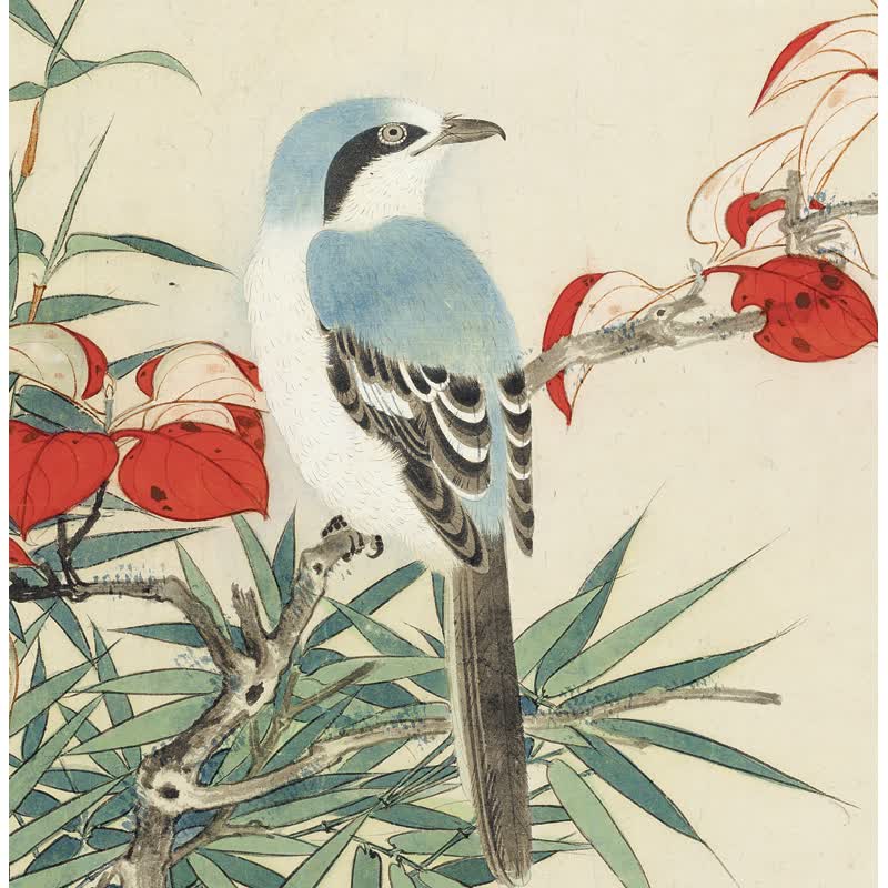 姿翰超高清微喷装饰画谢稚柳红叶竹禽图工笔花鸟画纸本83x48卷轴装裱