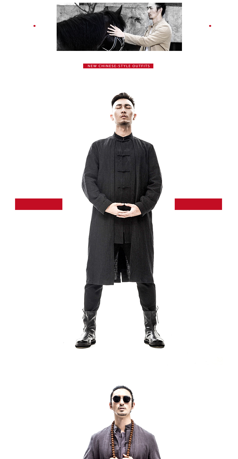 民族风男士长衫中式长袍亚麻休闲外套青年唐装复古中国风男装 玄色