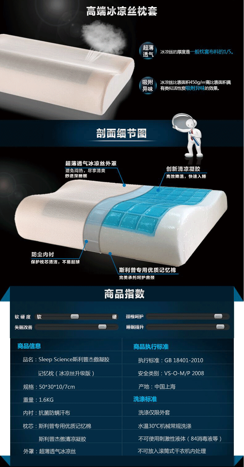 
                                                            Sleep Science美国睡眠科学 颈椎枕 记忆枕 杰傲凝胶记忆棉曲线枕头 冰凉丝面料 冰凉丝凝胶曲线枕 50*30*10/7厘米                