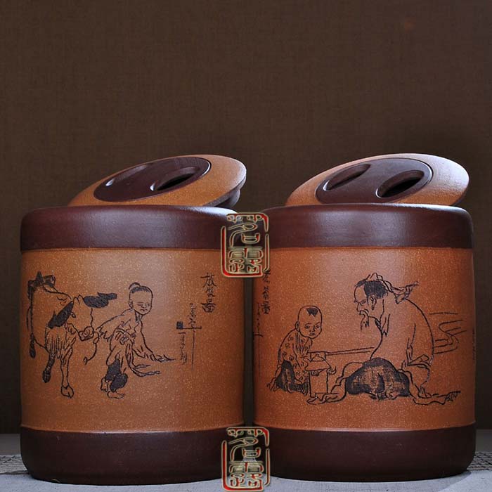 
                                        茗露 宜兴紫砂茶叶罐 茶具 大号手工醒茶罐 普洱罐茶缸11饼罐 茶仓 茶盒 茶叶桶 牧放图 童趣 黄罐                