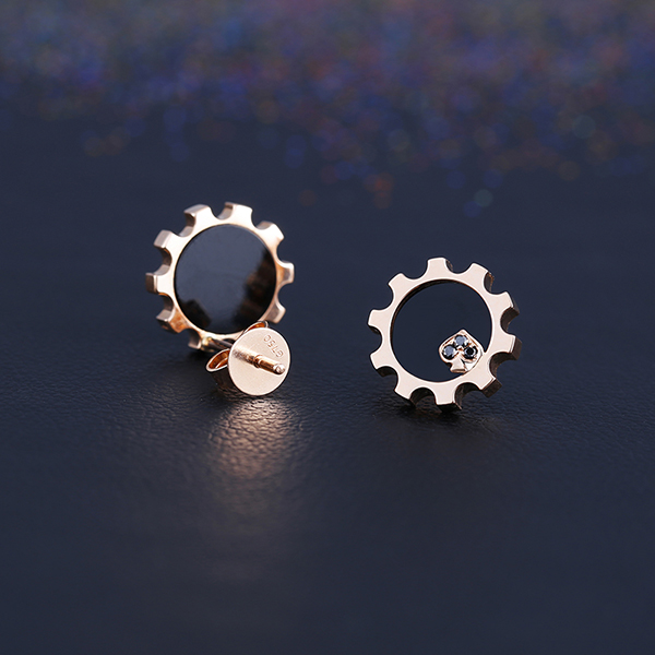 alice/爱丽丝 18k玫瑰金黑玛瑙耳饰 新品女款 黑桃齿轮彩宝耳环耳钉