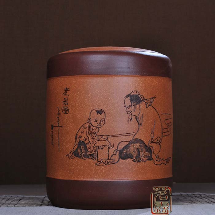 
                                        茗露 宜兴紫砂茶叶罐 茶具 大号手工醒茶罐 普洱罐茶缸11饼罐 茶仓 茶盒 茶叶桶 牧放图 童趣 黄罐                