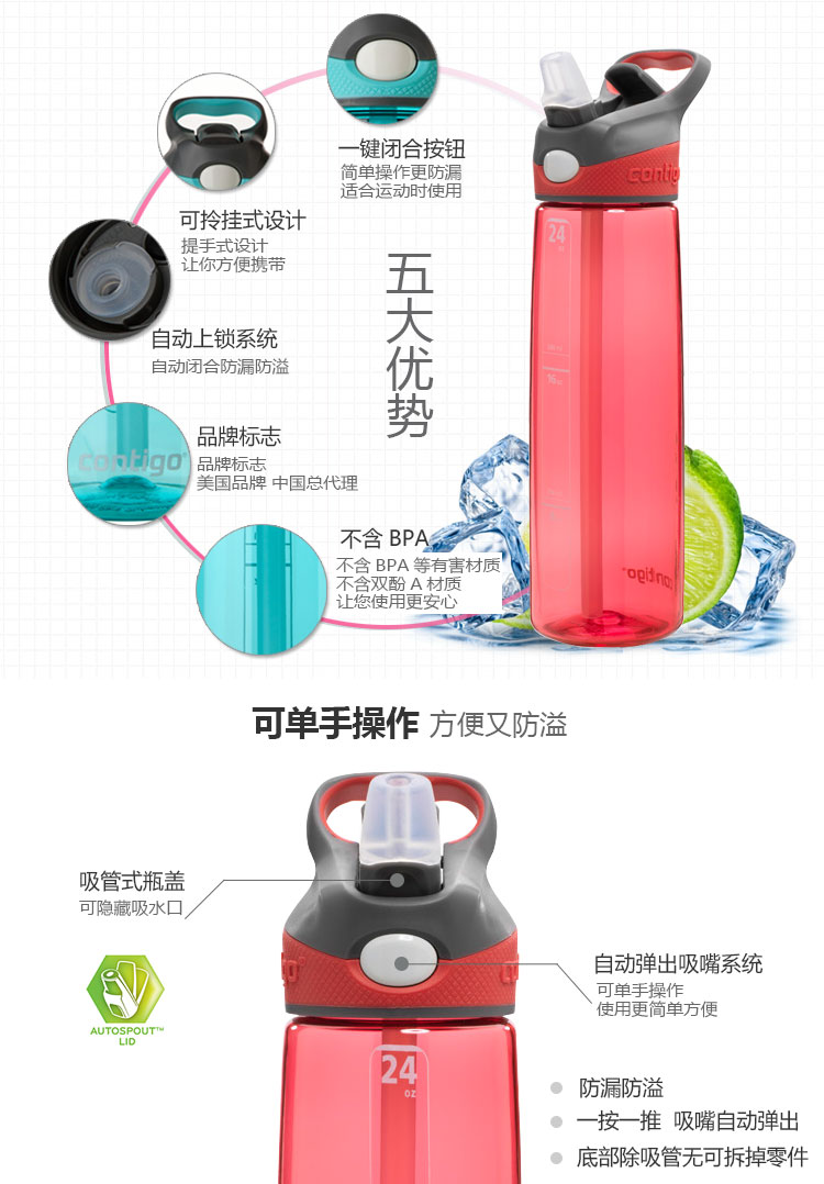 
                                                            contigo 美国康迪克  户外运动单层塑料吸管水杯 塑料杯大容量750ml 天蓝色                