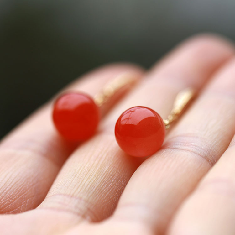 安玉创意天然凉山南红玛瑙耳环联合料樱桃红圆珠耳环18金镶嵌耳坠耳饰