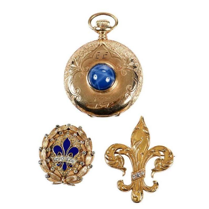 珠宝waltham怀表,34毫米表壳,表壳上镶嵌一颗圆形合成蓝星蓝宝石,五颗