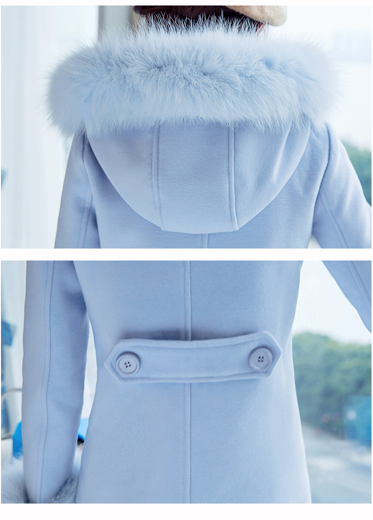 馨香雪2015秋冬新品修身显瘦连帽毛呢大衣女中长款韩版呢子大衣女加厚外套 蓝色 M