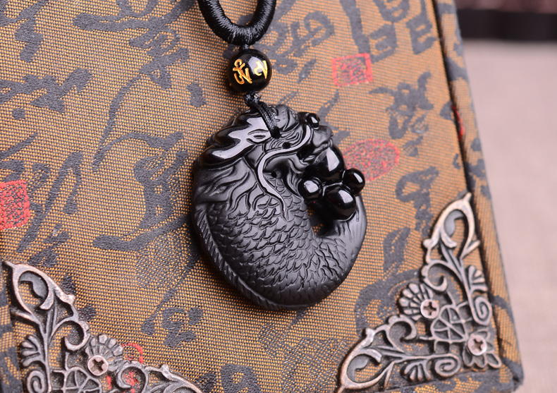 旭珍灵鳌夺魁吊坠鳌鱼龙鱼黑曜石挂件男女款