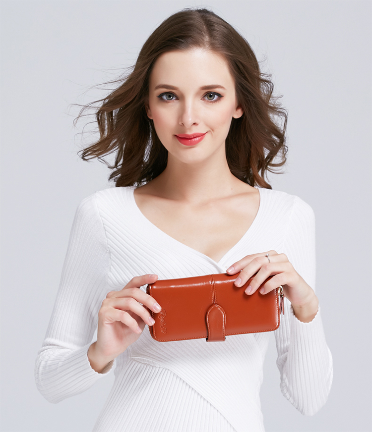 瑞菡诗钱包女长款2015欧美新款手拿包拉链钱夹油蜡牛皮女士手包多卡位