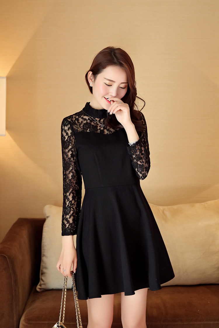 丝柏舍 2016春季新款女装 时尚立领蕾丝拼接镂空a字裙连衣裙s61h0251