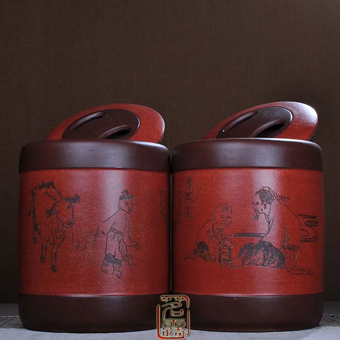 
                                        茗露 宜兴紫砂茶叶罐 茶具 大号手工醒茶罐 普洱罐茶缸11饼罐 茶仓 茶盒 茶叶桶 牧放图 童趣 黄罐                