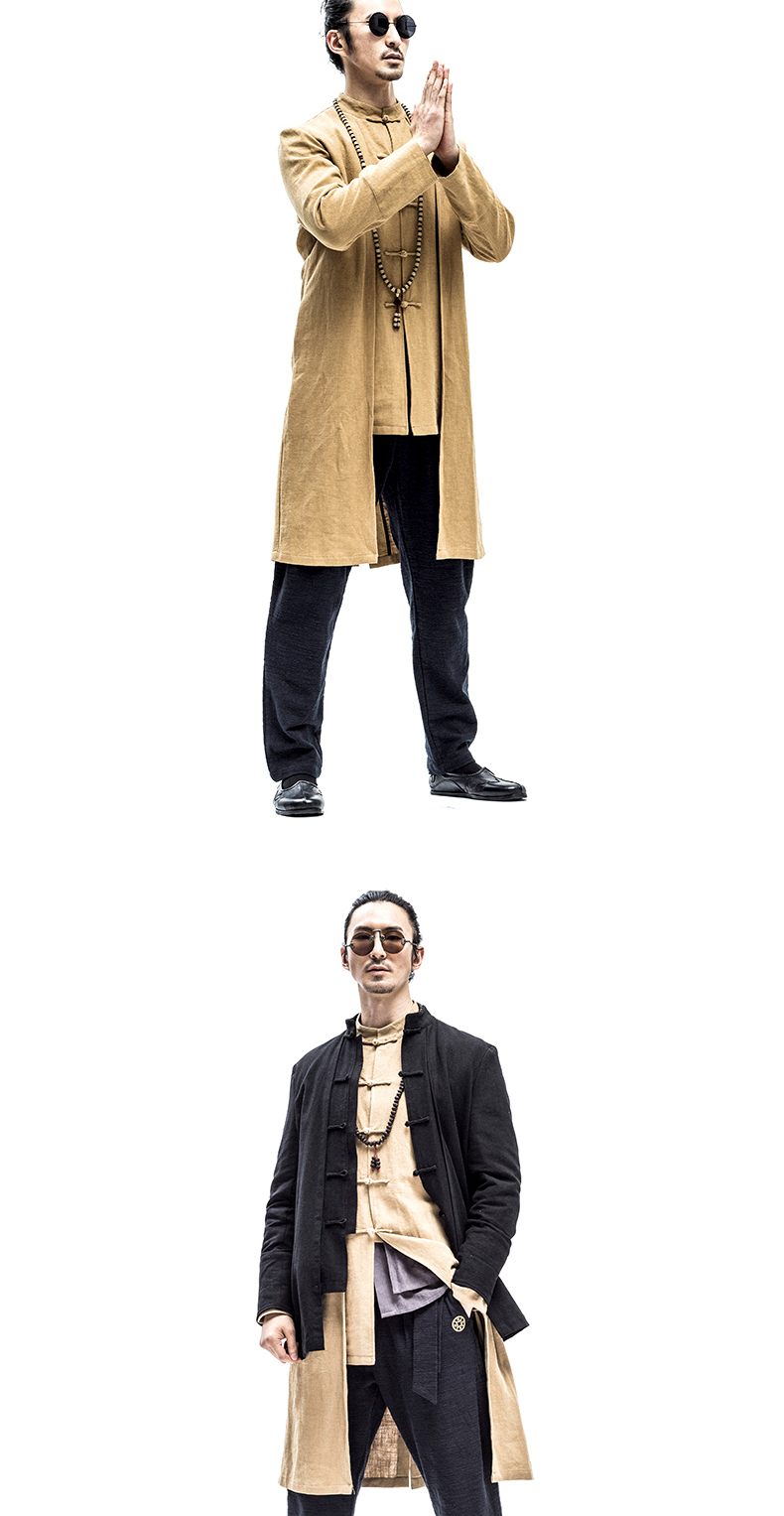 意树民族风男士长衫中式长袍亚麻休闲外套青年唐装复古中国风男装玄色