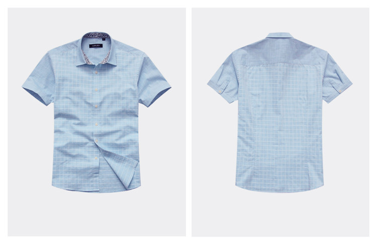 朗悦 男士拼接棉麻风短袖衬衫纯色格子衬衣男时尚休闲短袖cd1424 月白