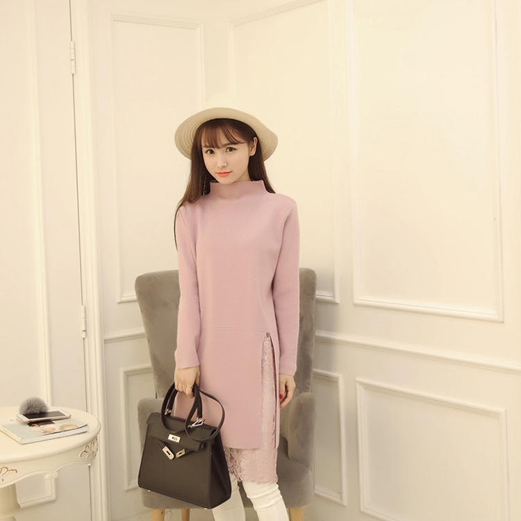 RUZY春季韩版针织毛衣蕾丝连衣裙女 粉色均码