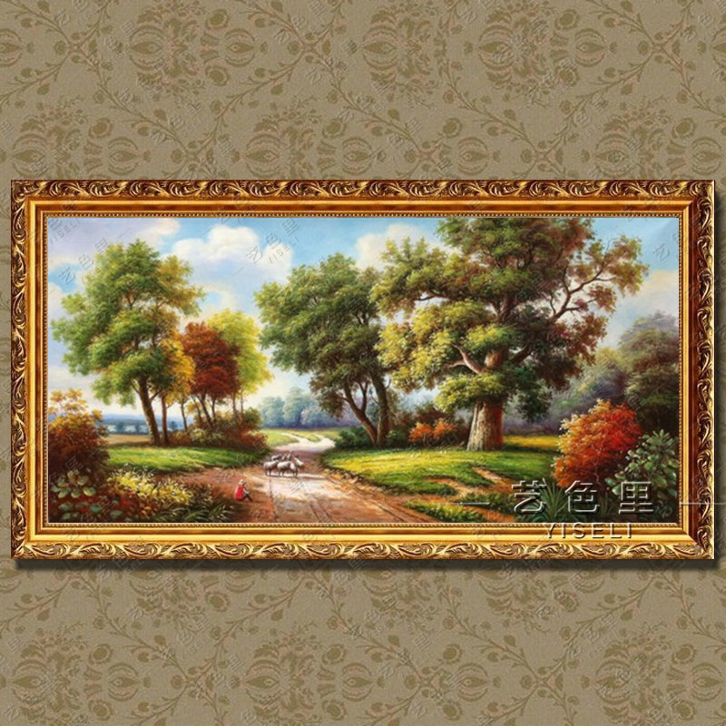 艺色里欧式古典山水风景纯手绘油画客厅办公室装饰画 贴金箔实木框9