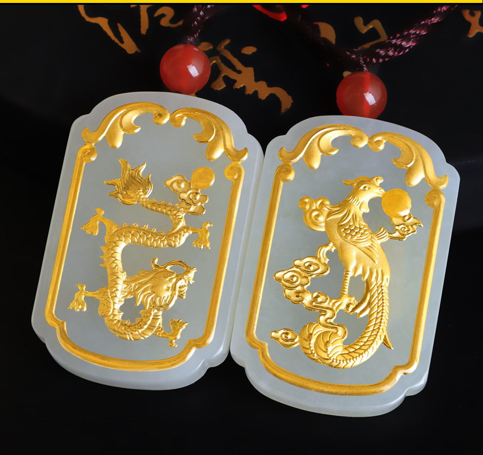 梓铭珠宝黄金镶玉和田玉吊坠情侣款龙凤牌生肖龙玉坠