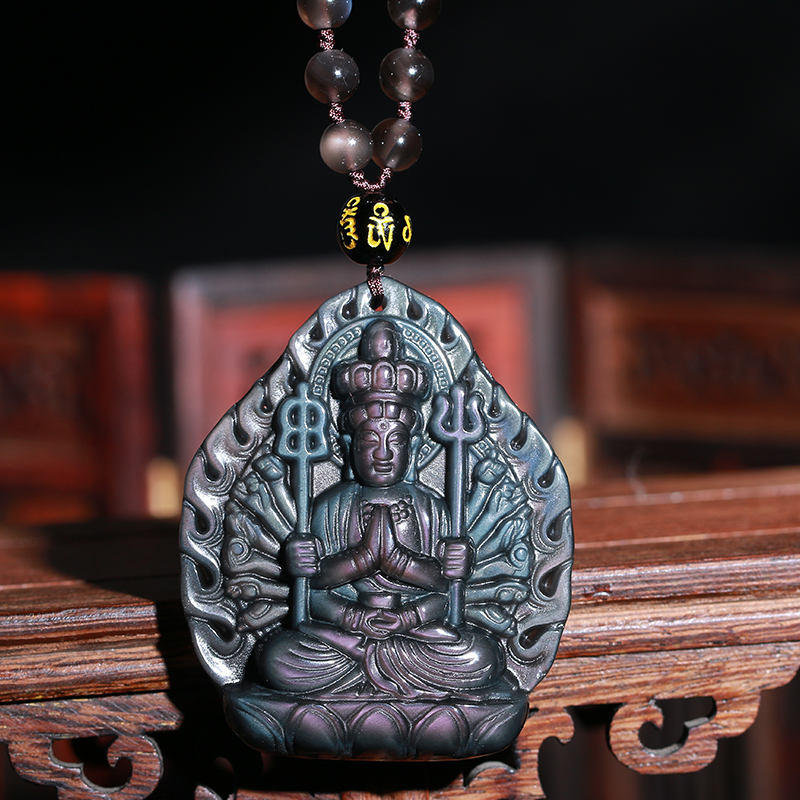 品范儿 黑曜石千手观音菩萨吊坠守护神男女款十二生肖属鼠本命佛