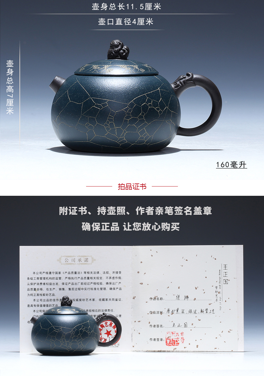 王正国 实力派民间老艺人 黑泥绿泥【绣狮】宜兴紫砂壶茶壶